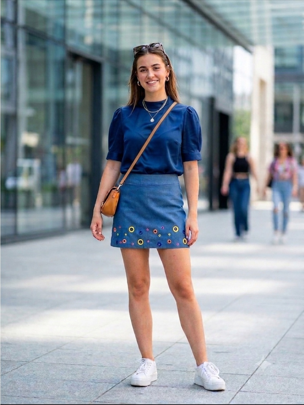 Attyre Blue Mini Skirt with Multicolor Eyelet Trim